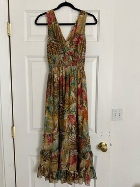 Chadwicks Olive Floral Tropical Print Sleeveless Maxi Dress